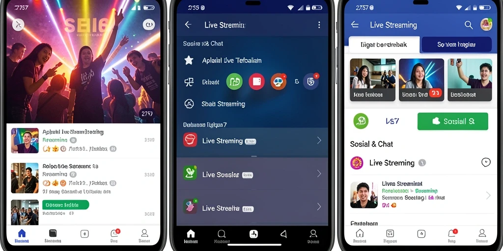 Antarmuka aplikasi Live Streaming dengan berbagai fitur interaksi.